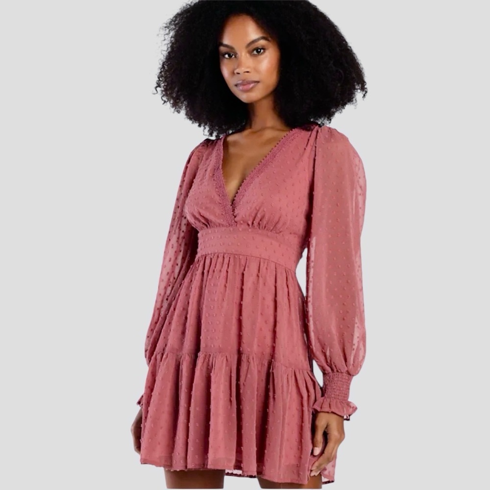 LULUS Charming Approach Rusty Rose Swiss Dot Tiered Mini Dress NWT Sz Small